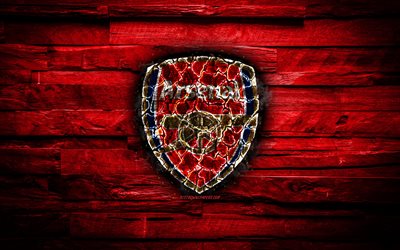 Arsenal FC, fiery logo, red wooden background, The Gunners, Premier League, english football club, FC Arsenal, grunge, football, Arsenal logo, fire texture, England, soccer
