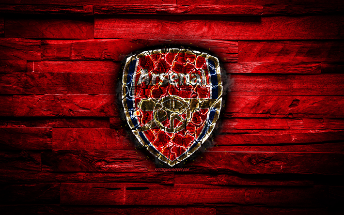 Arsenal FC, fiery logo, red wooden background, The Gunners, Premier League, english football club, FC Arsenal, grunge, football, Arsenal logo, fire texture, England, soccer