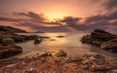 Mar Mediterr&#226;neo, costa, p&#244;r do sol, praia, rochas, Espanha, seascape