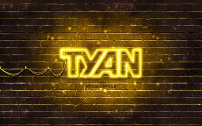 Tyan yellow logo, 4k, yellow brickwall, Tyan logo, brands, Tyan neon logo, Tyan