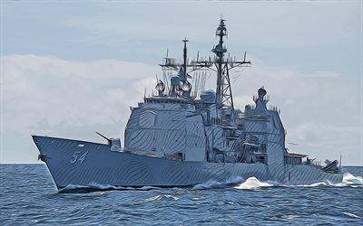 USS Antietam, 4k, vector art, CG-54, guided-missile cruisers, United States Navy, US army, abstract ships, battleship, US Navy, Ticonderoga-class, USS Antietam CG-54