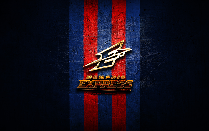 memphis express, goldenes logo, aaf, blauer metallhintergrund, american-football-team, memphis-express-logo, american football