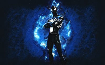 Fortnite Symbiote Suit Spider-Man Marigold Skin, Fortnite, main characters, blue stone background, Symbiote Suit Spider-Man, Fortnite skins, Symbiote Suit Spider-Man Skin, Symbiote Suit Spider-Man Fortnite, Fortnite characters