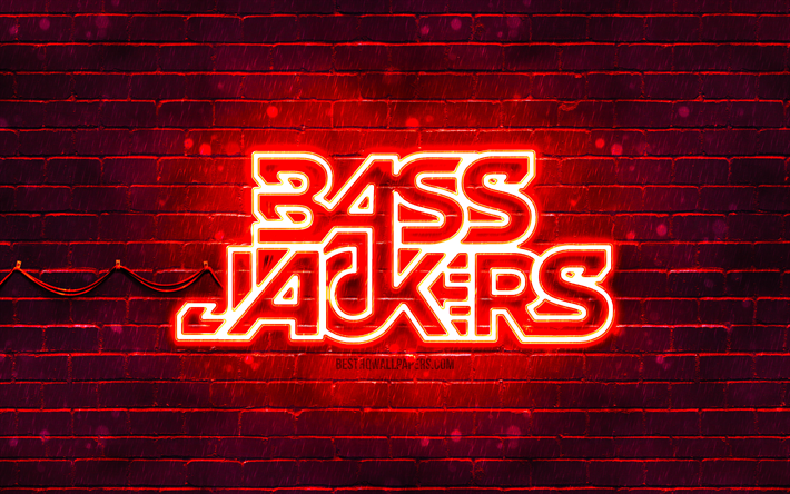 logotipo rojo de bassjackers, 4k, superestrellas, dj holandeses, pared de ladrillo rojo, logotipo de bassjackers, marlon flohr, ralph van hilst, bassjackers, estrellas de la m&#250;sica, logotipo de ne&#243;n de bassjackers