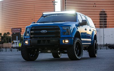 4k, Ford F-150, Leer Edition, front view, exterior, F-150 tuning, blue F-150, american cars, Ford