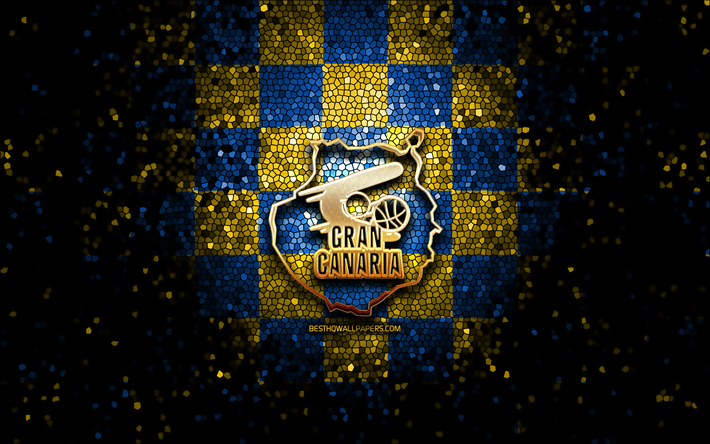 cb gran canaria, glitter logotipo, acb, amarelo azul de fundo quadriculado, time de basquete espanhol, cb gran canaria logotipo, arte em mosaico, basquete, gran canaria