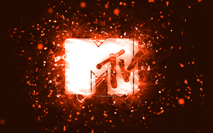 mtv turuncu logosu, 4k, turuncu neon ışıkları, yaratıcı, turuncu soyut arka plan, m&#252;zik televizyonu, mtv logosu, markalar, mtv