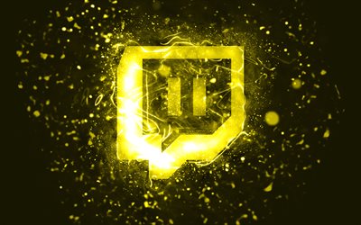 logo twitch giallo, 4k, luci al neon gialle, sfondo astratto giallo creativo, logo twitch, social network, twitch