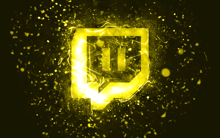 twitch sarı logo, 4k, sarı neon ışıklar, yaratıcı, sarı soyut arka plan, twitch logosu, sosyal ağ, twitch