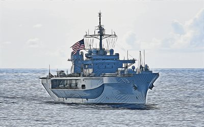 يو إس إس بلو ريدج, 4k, ناقلات الفن, lcc-19, سفن الرصاص, بحرية الولايات المتحدة, الجيش الأمريكي, سفن مجردة, سفينة حربية, البحرية الأمريكية, بلو ريدج كلاس, يو إس إس بلو ريدج lcc-19