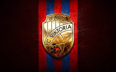 Viktoria Plzen FC, golden logo, Czech First League, red metal background, football, czech football club, Viktoria Plzen logo, soccer, FC Viktoria Plzen