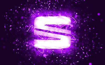 seat violettes logo, 4k, violette neonlichter, kreativer, violetter abstrakter hintergrund, seat-logo, automarken, seat