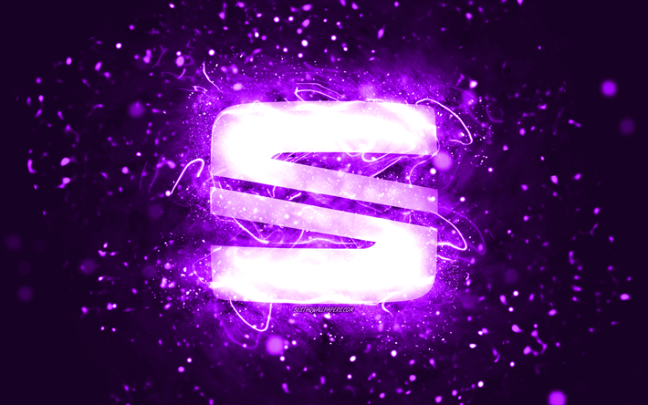 seat violett logotyp, 4k, violett neonljus, kreativ, violett abstrakt bakgrund, seat logotyp, bilm&#228;rken, seat