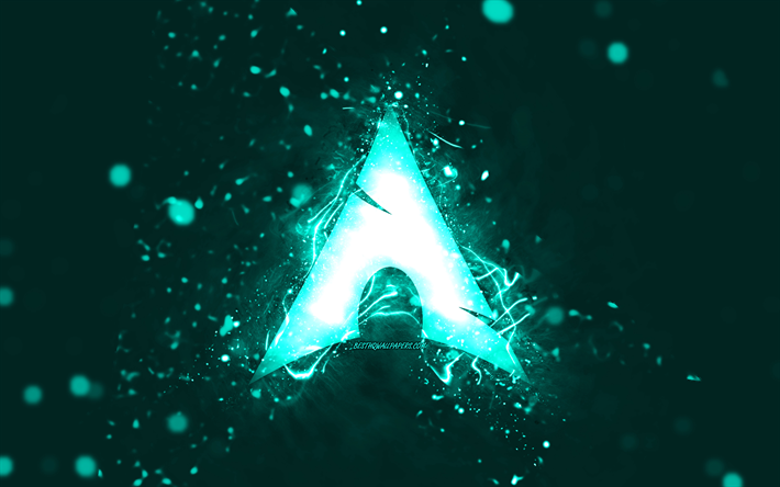Arch Linux turquoise logo, 4k, turquoise neon lights, creative, turquoise abstract background, Arch Linux logo, Linux, Arch Linux