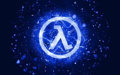 half-life tummansininen logo, 4k, tummansiniset neonvalot, luova, tummansininen abstrakti tausta, half-life logo, pelien logot, half-life