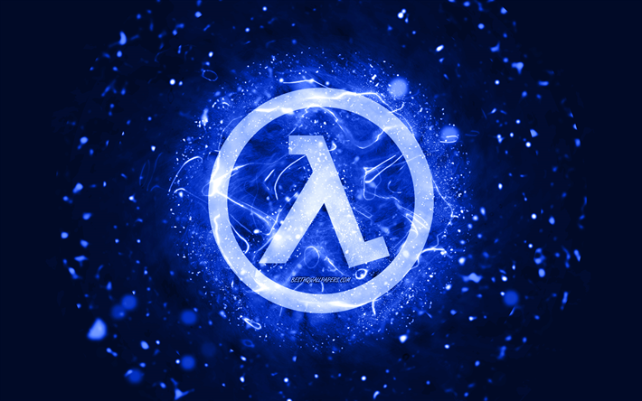 half-life azul escuro logotipo, 4k, azul escuro luzes de neon, criativo, azul escuro abstrato de fundo, half-life logotipo, jogos logotipos, half-life