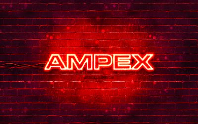 logo ampex rosso, 4k, muro di mattoni rosso, logo ampex, marchi, logo al neon ampex, ampex