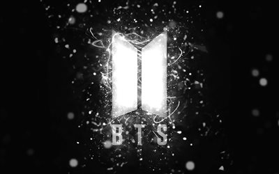 BTS white logo, 4k, white neon lights, creative, black abstract background, Bangtan Boys, BTS logo, music stars, BTS, Bangtan Boys logo