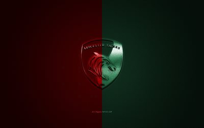 leicester tigers, club di rugby inglese, premiership rugby, logo rosso verde, sfondo grigio in fibra di carbonio, rugby, leicester, inghilterra, logo leicester tigers