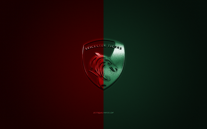 leicester tigers, englischer rugby-club, premiership rugby, gr&#252;n-rotes logo, grauer kohlefaserhintergrund, rugby, leicester, england, leicester tigers-logo