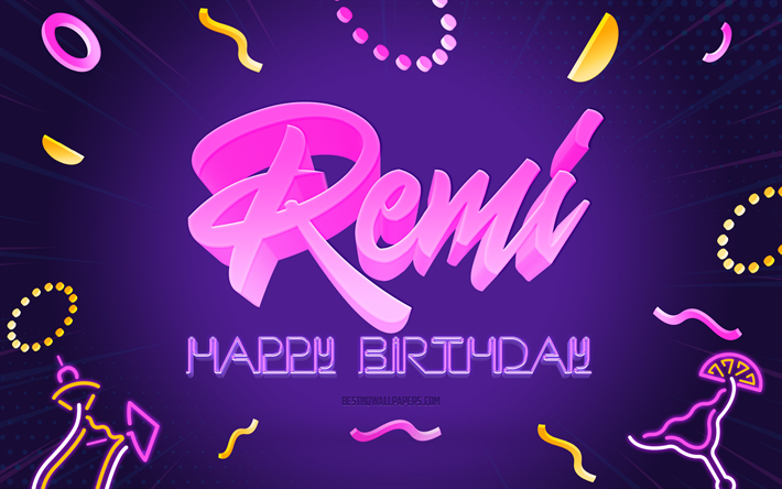 ハッピーバースデーレミ, 4k, 紫パーティーの背景, レミ, クリエイティブアート, 幸せなレミの誕生日, レミ名, レミ誕生日, 誕生日パーティーの背景