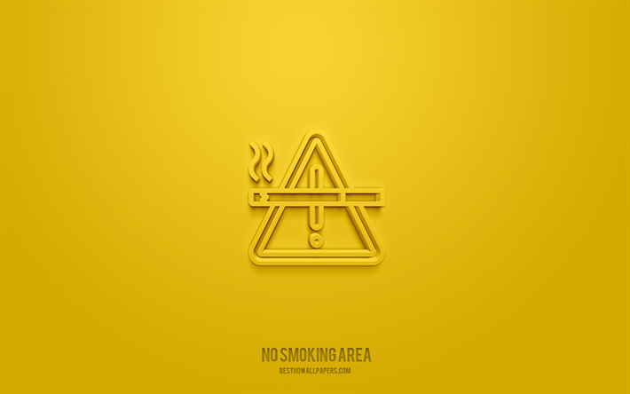area non fumatori icona 3d, sfondo giallo, simboli 3d, area non fumatori, icone di avviso, icone 3d, segno di area non fumatori, icone 3d di avvertimento, non fumare