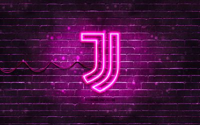 Juventus FC purple logo, 4k, purple brickwall, Juventus FC logo, brands, Juve, Juventus FC neon logo, Juventus FC, Juventus logo