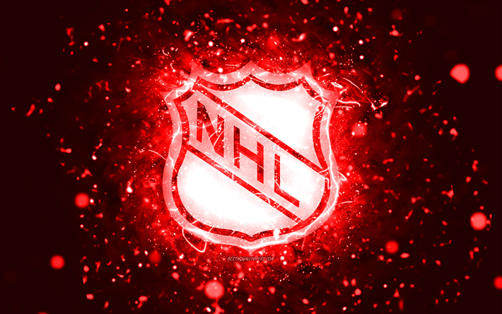 rotes nhl-logo, 4k, rote neonlichter, national hockey league, roter abstrakter hintergrund, nhl-logo, automarken, nhl