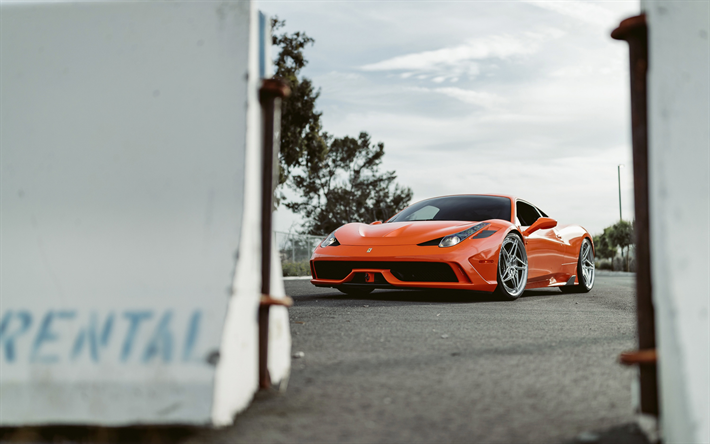 ferrari 458 italia, vue de face, ext&#233;rieur, orange 458 italia, voiture de sport orange, ferrari