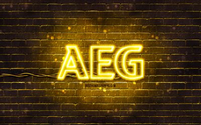 AEG yellow logo, 4k, yellow brickwall, AEG logo, brands, AEG neon logo, AEG