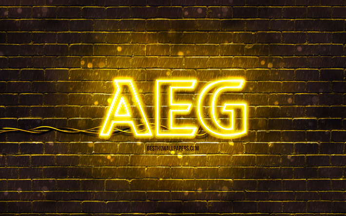 logo aeg giallo, 4k, muro di mattoni giallo, logo aeg, marchi, logo neon aeg, aeg