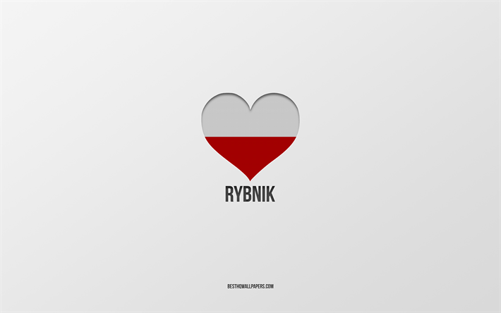 j aime rybnik, villes polonaises, jour de rybnik, fond gris, rybnik, pologne, coeur de drapeau polonais, villes pr&#233;f&#233;r&#233;es, love rybnik