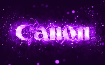 canon violettes logo, 4k, violette neonlichter, kreativer, violetter abstrakter hintergrund, canon-logo, marken, canon