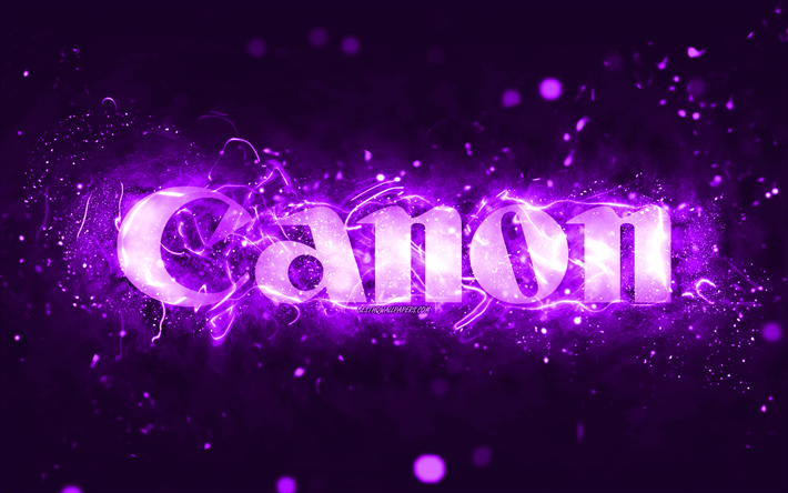 Canon violet logo, 4k, violet neon lights, creative, violet abstract background, Canon logo, brands, Canon