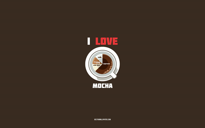 mokka-rezept, 4k, tasse mit mokka-zutaten, ich liebe mokka-kaffee, brauner hintergrund, mokka-kaffee, kaffeerezepte, mokka-zutaten