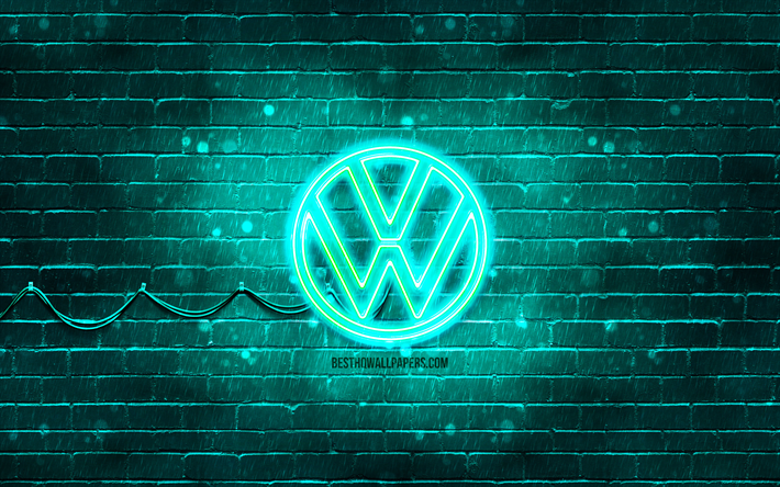 Volkswagen turquoise logo, turquoise brickwall, 4k, Volkswagen new logo, cars brands, VW logo, Volkswagen neon logo, Volkswagen 2021 logo, Volkswagen logo, Volkswagen