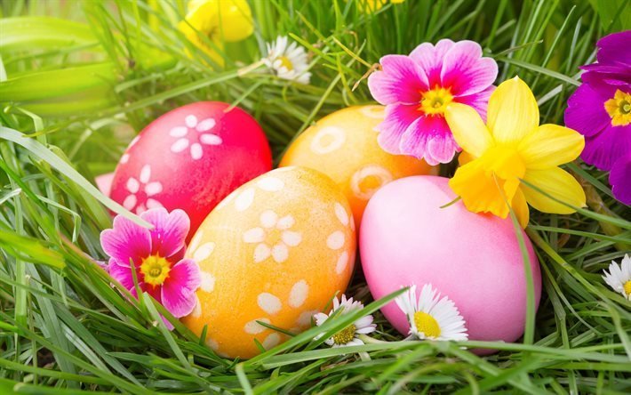 Easter, spring, easter eggs, green grass, colorful eggs