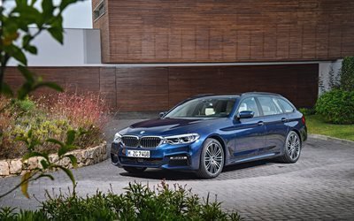 BMW 5-series, G31, 2018 cars, german cars, wagons, blue BMW