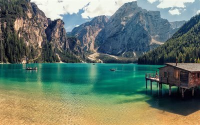 イタリア, 夏, 湖Bryes, 山々, Dolomites