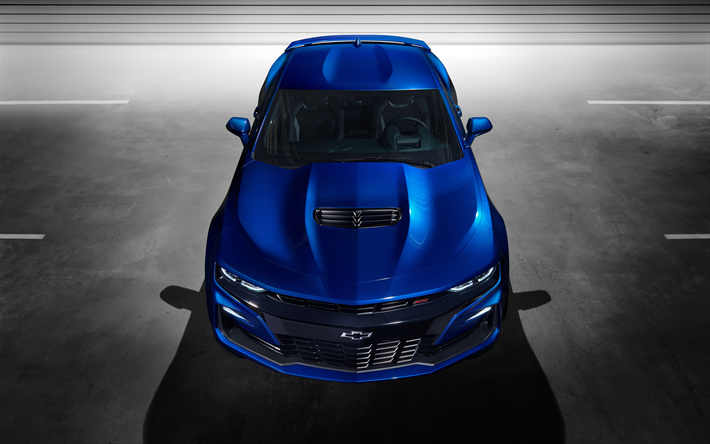 Chevrolet Camaro SS, 4k, supercars, 2019 voitures, parking, bleu Camaro, Chevrolet