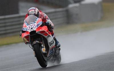 Andrea Dovizioso, la MotoGP, la Ducati Desmosedici GP16, 4k, pilota motociclistico italiano, la pioggia, le gare sotto la pioggia