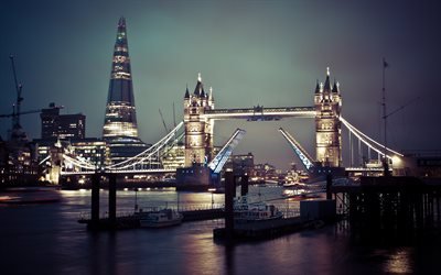 London, 4k, Tower Bridge, nightscapes, skyline, England, UK