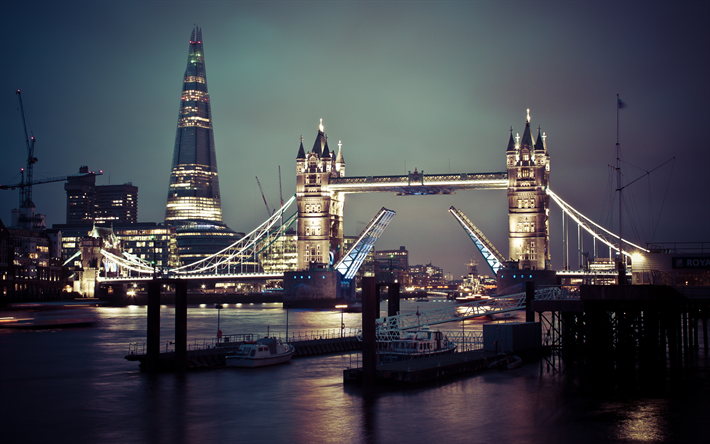 Londres, 4k, el Puente de la Torre, paisajes nocturnos, skyline, Inglaterra, reino unido
