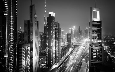 4k, Dubai, blanco y negro, paisajes nocturnos, paisajes urbanos, EMIRATOS &#225;rabes unidos, Emiratos &#193;rabes Unidos