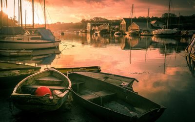 morning, wooden boats, yachts, bay, fog, Penrin, Cornwall, England, UK