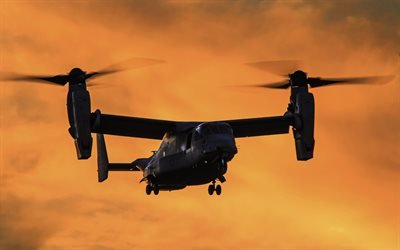4k, Bell V-22 Osprey, sunset, convertoplan, Osprey, stridsflygplan, AMERIKANSKA Arm&#233;n, Bell