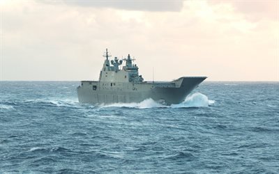 Le HMAS Canberra, L02, porte h&#233;licopt&#232;re, landing helicopter dock, navire de guerre, l&#39;oc&#233;an, la Royal Australian Navy, COURU, Canberra-classe