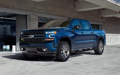 Chevrolet Silverado, 2019, 4k, pickup truck, new blue Silverado, exterior, front view, American cars, Chevrolet
