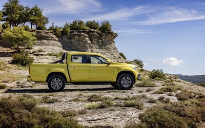 Mercedes-Benz X-Class, 2018, exterior, side view, yellow pickup, new yellow X-Class, German cars, SUV, Mercedes