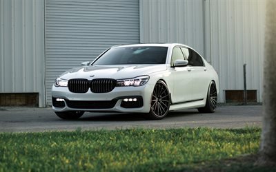 BMW 7 Series, 2018, G11, luxury sedan, business class, new white BMW 7, tuning, German cars, 740i, BMW